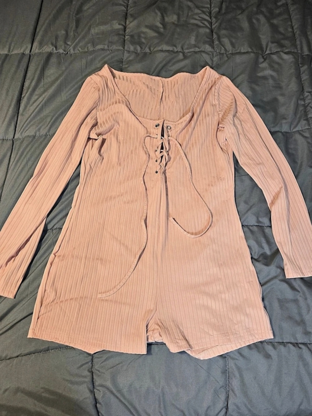 Ribbed Long Sleeve Lace-Up Romper in Pink NWOT
